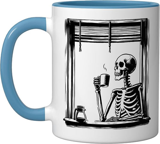 Skeleton Drinking Coffee - Minimalist Graphic Coffee Lover Ceramic Mug, Blue/White