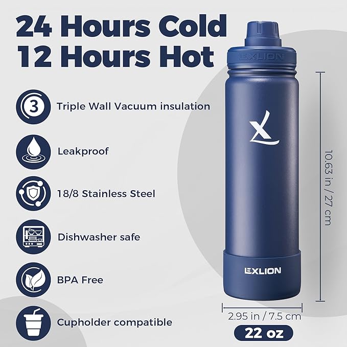 Lexlion Tea Infuser Water Bottle 22 Oz – Triple Wall Insulated Stainless Steel, Loose Leaf & Fruit Strainer, 3 Leakproof Lids, BPA-Free Silicone Sleeve, Reusable Thermal Mug