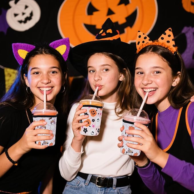 Reusable Insulated Neoprene Iced Coffee Cup Sleeve, Halloween Ghost for Boo Basket Stuffers, Durable Drink Sleeve for Cold Beverages, Beverage Holder for Iced Coffee, Halloween Spooky