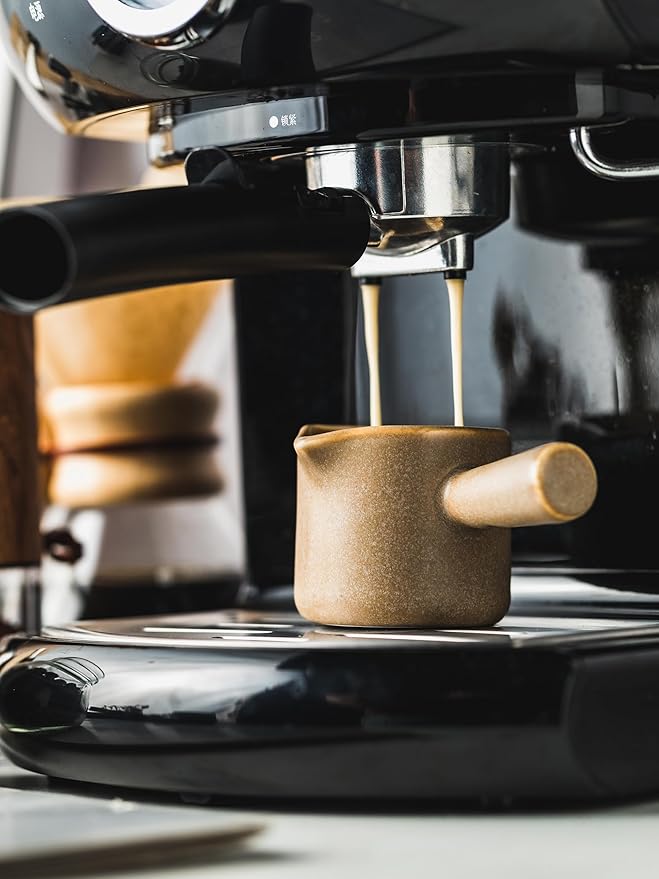 YHOJOY Espresso Measuring Cup, Ceramic Espresso Cup with Handle, Expresso Shots Cups Double Spouts Milk Cup, Espresso Accessories, 3 Oz/ 90 Ml, Brown