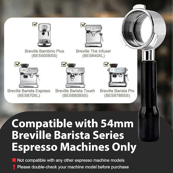 VOURMIO 54mm Bottomless Portafilter - 3 Ears with Stainless Steel Filter Basket, Fits Breville Barista Express, Pro, Touch, Bambino Plus, Infuser (880BSS, 870XL, 878BSS, 500BSS, 840XL), Black