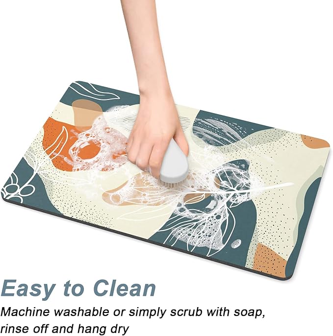 Rnivvi Coffee Mat, 12" x 19" Cute Boho Theme Coffee Bar Mats for Espresso Machine Station Accessories and Organizer, Hide Stain Rubber Backed Absorbent Dish Drying Pad for Kitchen Counter, Leaves