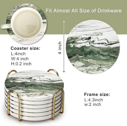 6 Pcs Green Ceramic Coasters with Holder Round Cool Drink Best Modern Absorbent Coaster Set for Coffee Table, Art Decorative Coasters, Bar, Farmhouse, Outdoor Cup Coaster Gifts