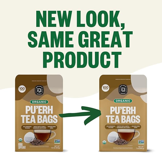 FGO Organic Pu'erh Tea, 100 Count, Eco-Conscious Black Tea Bags, Resealable Bag, Packaging May Vary (Pack of 1)
