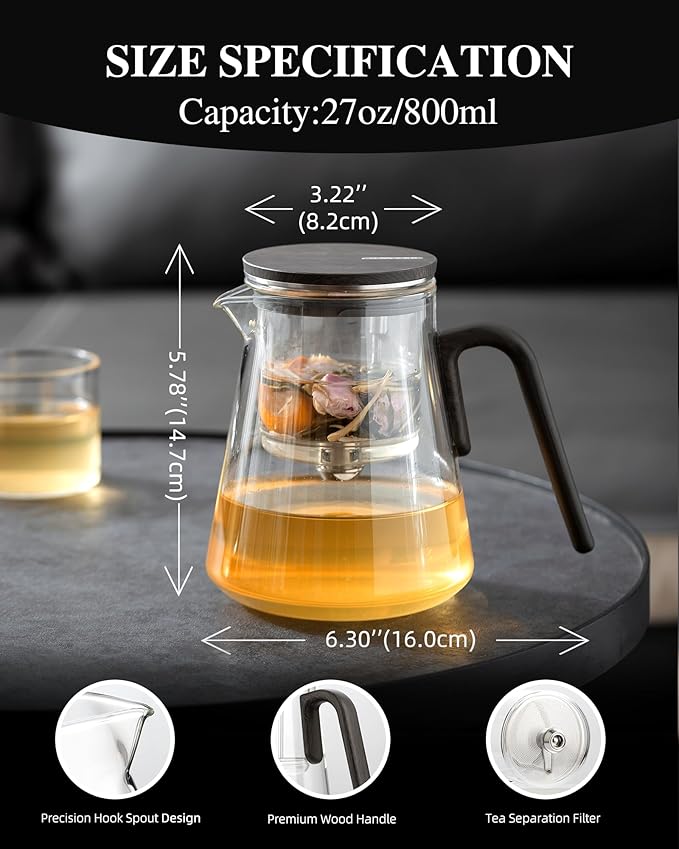 ZENS Magnetic Tea Pot, Enchanted Glass Teapot with Infuser and Magnetic Suction Lid for Mess-Free Loose Tea Diffusers, Black Walnut Pattern Handle, Tea Lovers Gifts