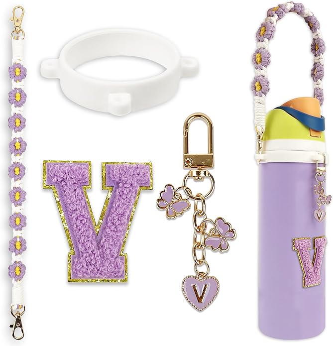 Compatible with Owala Water Bottle Accessories, Cute Letter Charm Set with Boho Handle Strap, Monogram Sticker, Silicone Ring, Keychain Decoration, for FreeSip 24 32 40oz, Owala Kids, Tumbler Gift