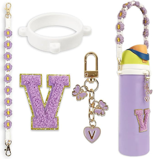 Compatible with Owala Water Bottle Accessories, Cute Letter Charm Set with Boho Handle Strap, Monogram Sticker, Silicone Ring, Keychain Decoration, for FreeSip 24 32 40oz, Owala Kids, Tumbler Gift