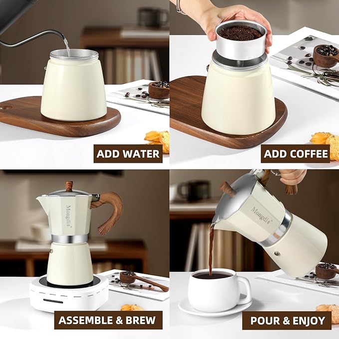 Mongdio Stovetop Espresso Maker Moka Pot, Cuban Coffee Maker Stove top coffee maker Moka Italian Espresso Greca Coffee Maker Brewer Percolator, 9 Espresso Cups, 15 oz - White