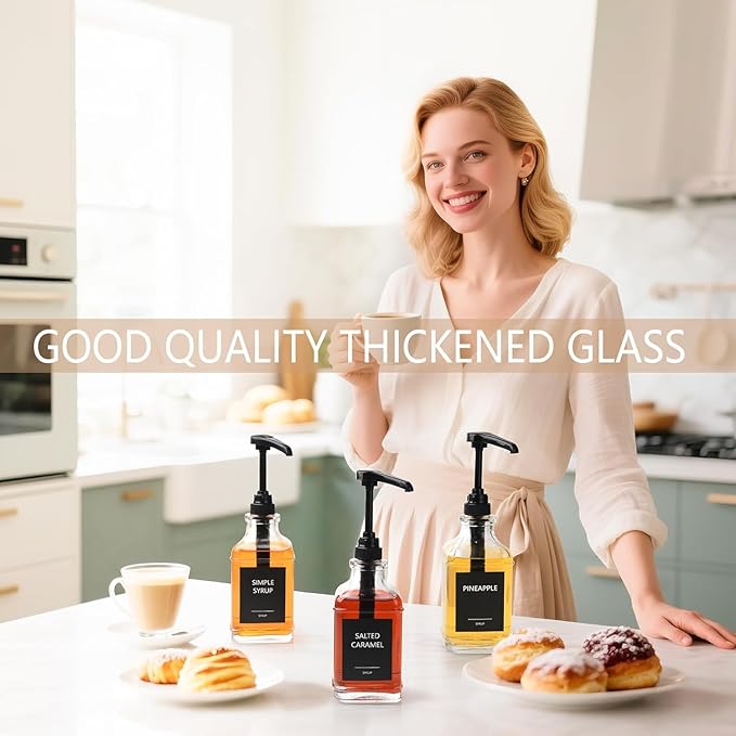 3 Pack 16.9oz (500ml) Glass Coffee Syrup Dispenser with Pump, Syrup Pump Dispenser for Coffee Bar, Coffee Syrup Bottles with Labels