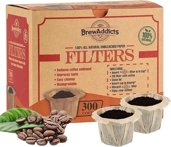 Brew Addicts 300 Paper Coffee Single-Use Filters, Brown, All-Natural & Unbleached for Keurig Brewers and Compatible with K-Cup Pods 1.0 & 2.0 Models, Disposable filters