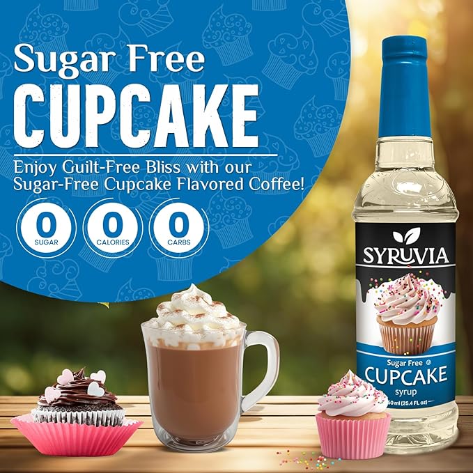 Syruvia Sugar Free Coffee Syrup, Cupcake Flavored Syrup for Drinks, Lattes, and Desserts – 25.4 fl oz, With Pump