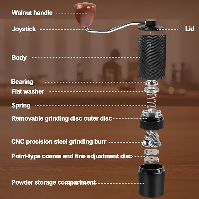 Manual Coffee Grinder Detachable Stainless Steel Conical Burr Aluminum Coffee Bean Grinder with 25 Grinding Settings Cleaning Brush Grindable Espresso Moka Pot French Press for Camping Black