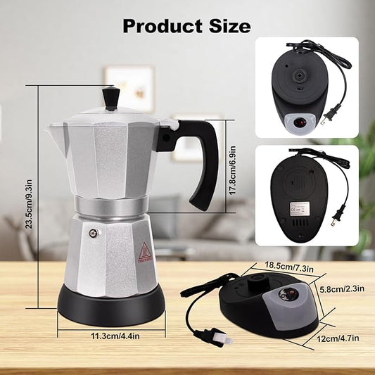 Vaolvpant Electric Aluminum Moka Pot 5-6 Cup 270ml Espresso Maker with Detachable Base Ideal Coffee Makers for Home MochaPot Italian and Cuban Café Coffeemaker Espressomaker CoffeePot Silver