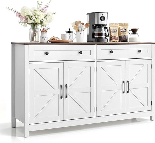 VEVOR Buffet Cabinet, Farmhouse Sideboard Cabinet with Drawer, Coffee Bar Cabinet with 4 Barn Door, Sideboard Buffet Station for Living Room, Entryway, Kitchen, 55.1 x 15.5 x 31.5 in, White