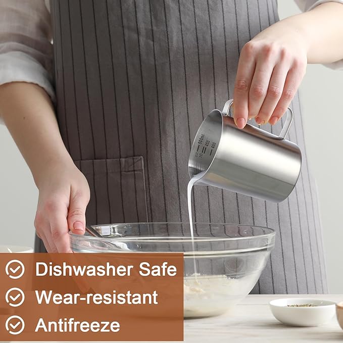 4 Pcs Stainless Steel Pitcher with Handle and Pour Lip 16OZ, 500ML, 2 Cup Metal Liquid Measuring Cup Measuring Jug Milk Frothing Pitcher for Milk Latte Art Water Pouring