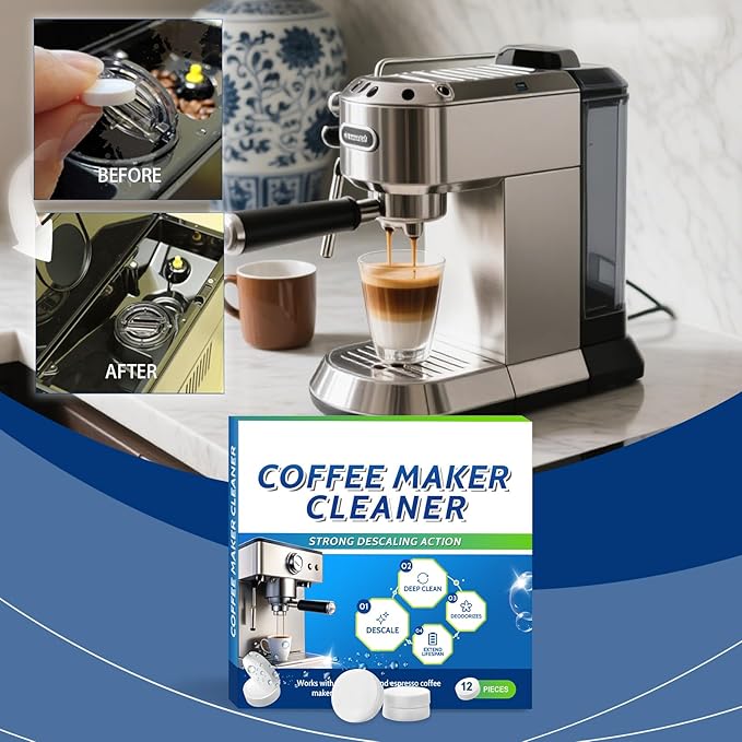 Coffee Machine Descaler Cleaner Tablets - 12 Count, Universal Fit for All Coffee Makers, Removes Oil & Mineral Buildup, Deep Cleaning Solution,1 Year Supply