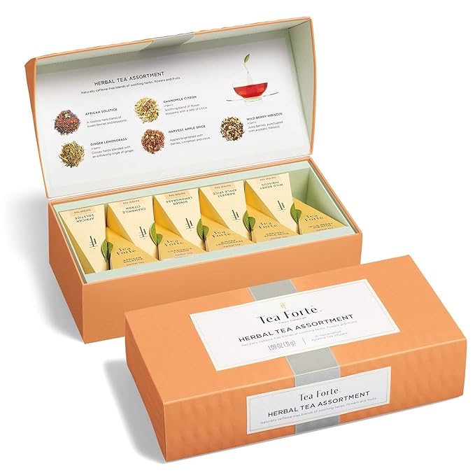 Tea Forte Premium Petite Presentation Box Gift Set Sampler, 10 Count, 2 of Each Blend Individually Wrapped Handcrafted Pyramid Infuser Bags, Herbal Tea
