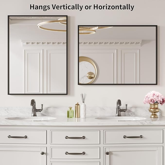 LOAAO 24"X32" Black Rectangle Bathroom Mirror Wall, Matte Black Aluminum Alloy Frame, Tempered Glass, Hangs Vertically or Horizontally, Easy to Install