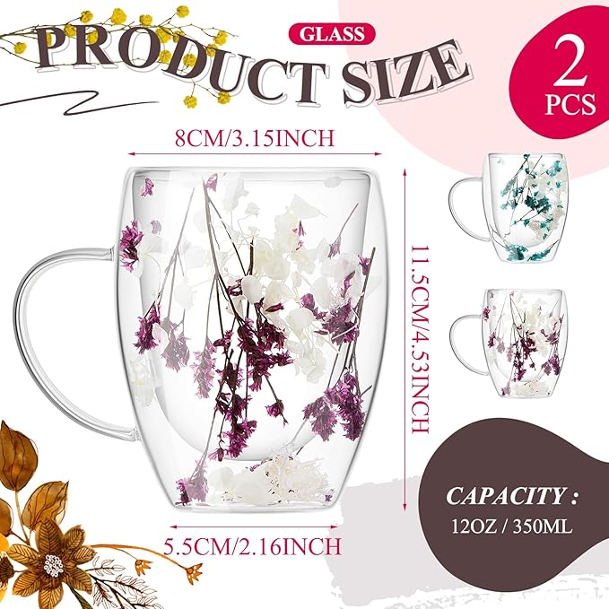 Rtteri 2 Pcs Double Wall Glass Coffee Mugs Clear Flower Coffee Mug with Handle 350 ml Creative Insulated Heat Resistant Coffee Cups for Tea Cappuccino Espresso Latte (Blue Flowers, Purple Flowers)