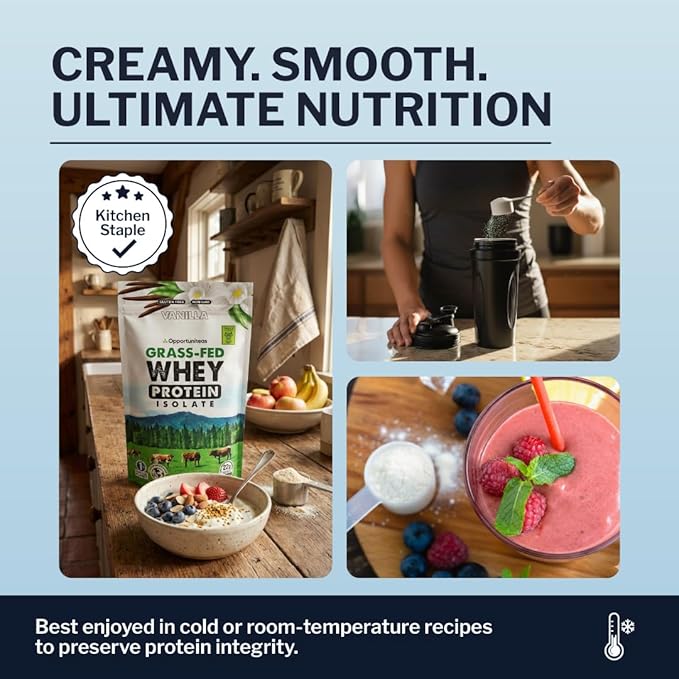 Opportuniteas Grass Fed Vanilla Whey Isolate Protein Powder – 22g Protein, Heavy-Metal Tested, Organic Cane Sugar & Organic Vanilla Flavor, Non-GMO, Hormone-Free, Sourced from Ireland, 5lb