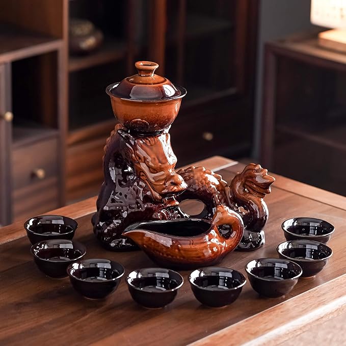 Ceramic Teapot with Infuser Semi Automatic Tea Set Magic Teapot with 8 cups Gradient Color (Yellow Dragon- C)