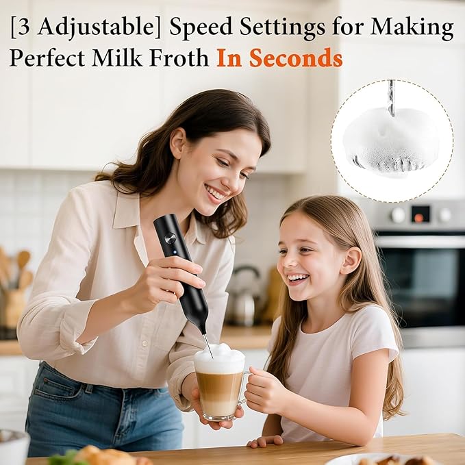 Rechargeable Milk Frother Handheld with 3 Whisk and Stand, 3-Speed Frother Wand, Dual Spring Whisk Coffee Frother and Drink Mixer for Matcha Lattes Cappuccino