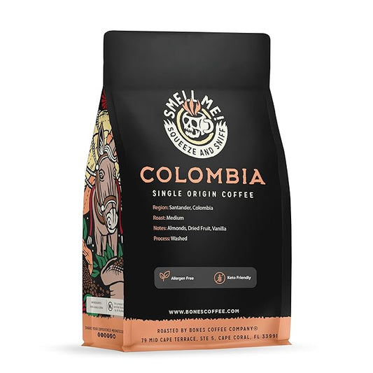 Bones Coffee Company Colombia Single-Origin Coffee, Almonds, Dried Fruit, Vanilla Notes, Flavored Whole Bean Coffee, Medium Roast Low Acid Arabica Beans, 12 oz Whole Bean