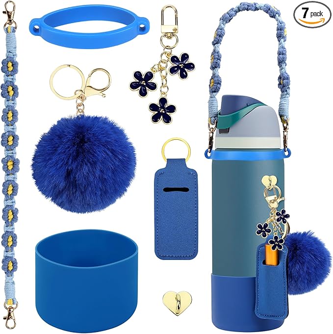 Compatible for Owala Accessories Bundle: Silicone Boot for 24oz & 32oz Bottles, Charms, Handle, Strap, Rubber Bottoms, and Decorative Add-ons for Your Compatible for Owala Water Bottle, Denim