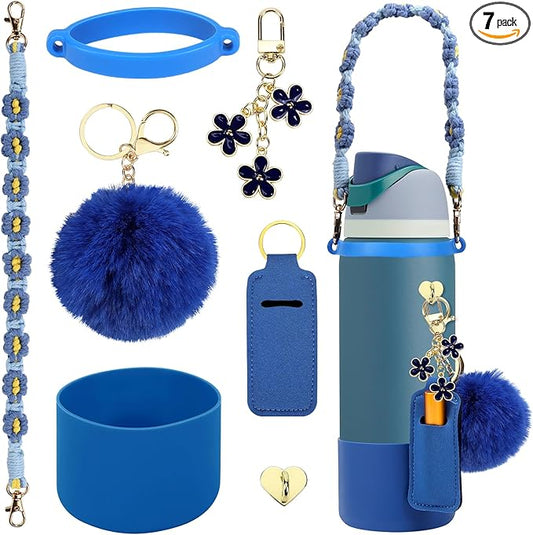 Compatible for Owala Accessories Bundle: Silicone Boot for 24oz & 32oz Bottles, Charms, Handle, Strap, Rubber Bottoms, and Decorative Add-ons for Your Compatible for Owala Water Bottle, Denim