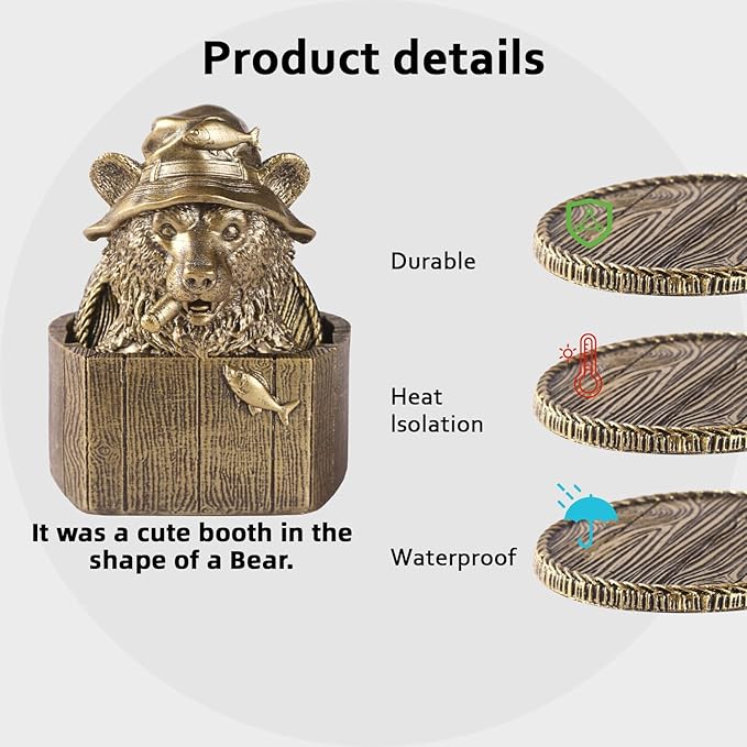 Cabin Coasters Set 6 Full Size Non-Slip Bar Coasters, Indoor Christmas Decorations, Man Cave Gifts for Men, Rustic Handmade Decor for The Home (Bear)