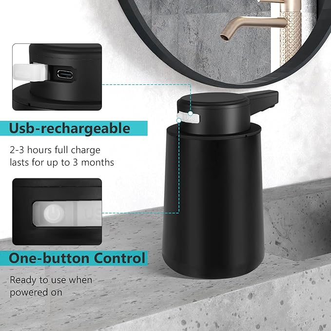 Automatic Soap Dispenser Liquid Touchless: 9oz Black Plastic - Rechargeable Electric Smart 3 Level Adjustable Auto Hand Soap Dispenser - Dish Bathroom Kitchen