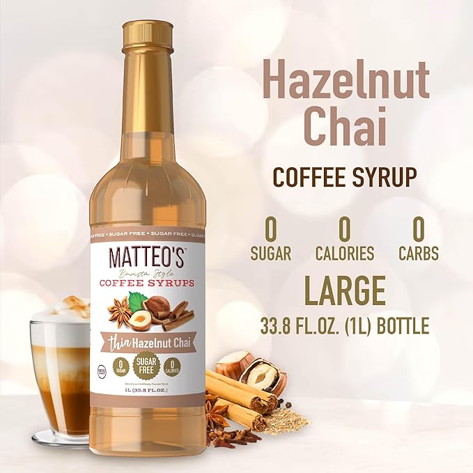 Matteo's Hazelnut Chai Syrup for Coffee, Lattes, Cappuccinos & Desserts – Sugar-Free Sweetener for Beverages, Keto Friendly, Zero Calories, Indulgent Flavor, Non-Alcoholic, 33.8oz (6pk)