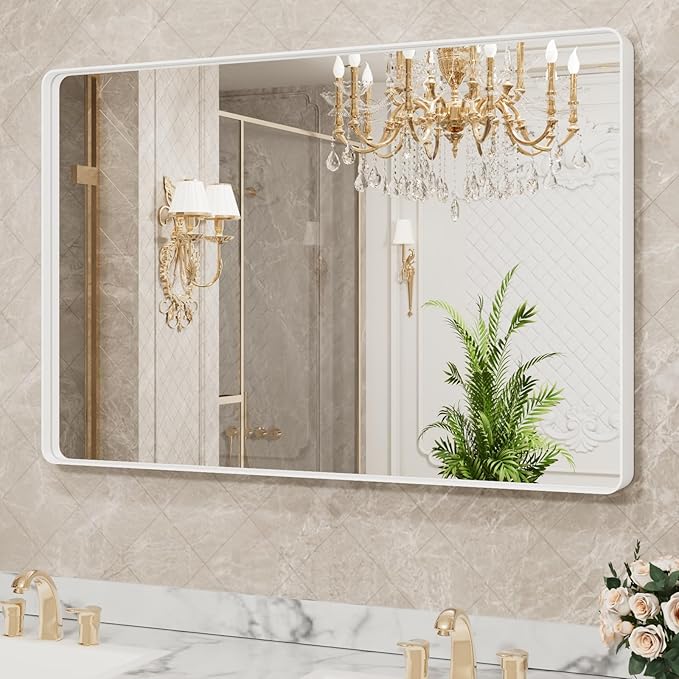 LOAAO 48x36 Inch White Metal Framed Bathroom Mirror for Wall, White Bathroom Vanity Mirror Farmhouse, Large Rounded Rectangle Mirror, Anti-Rust, Tempered Glass, Hangs Horizontally or Vertically
