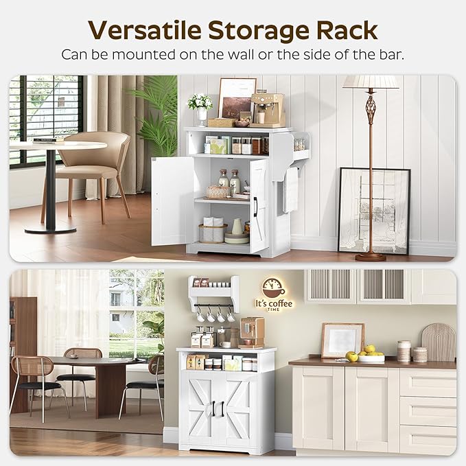 Coffee Bar Cabinet, Kitchen Island with Storage, Farmhouse Sideboard Buffet Cabinet with Dual-Purpose Floating Shelf and Hooks, for Kitchen, Restaurant, Living Room, White KF22WT