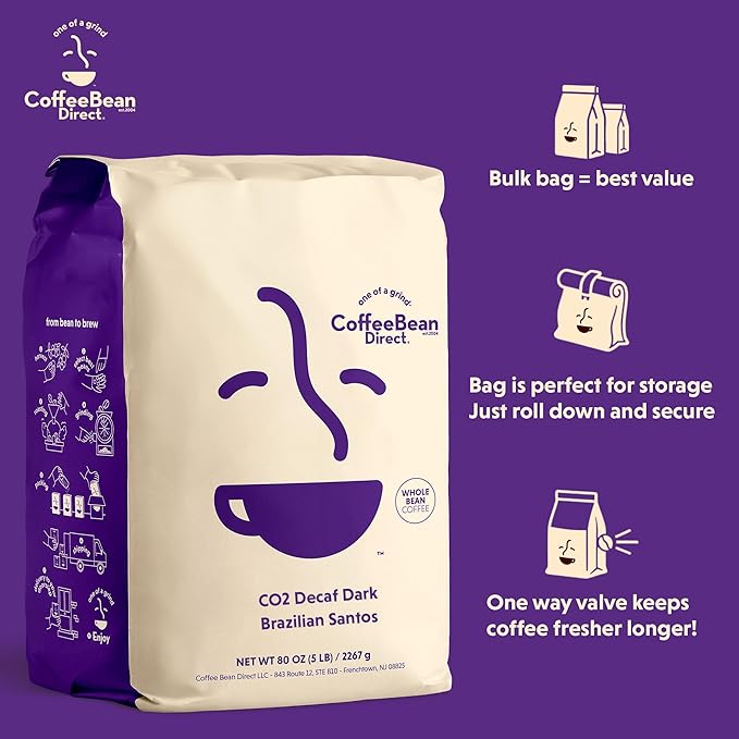 Coffee Bean Direct CO2 Decaf Dark Brazilian Santos, Whole Bean Coffee, Dark Roast, 5 Pound Bag (Pack of 1)
