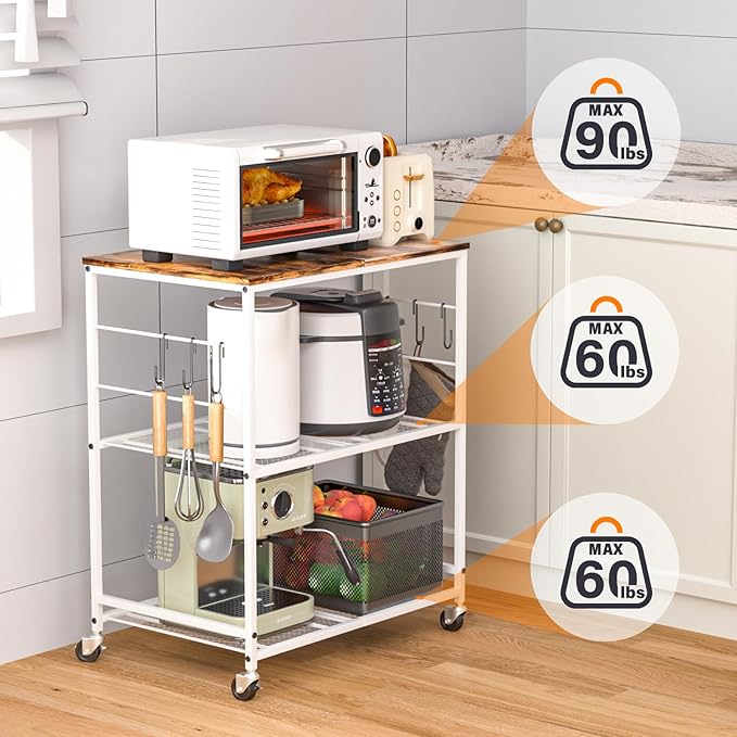 Abiglifty 3-Tier Rolling Kitchen Cart, Microwave Cart with Lockable Wheels, Kitchen Utility Cart, Mobile Microwave Stand with Storage for Living Room, Office, Balcony, Bathroom,White