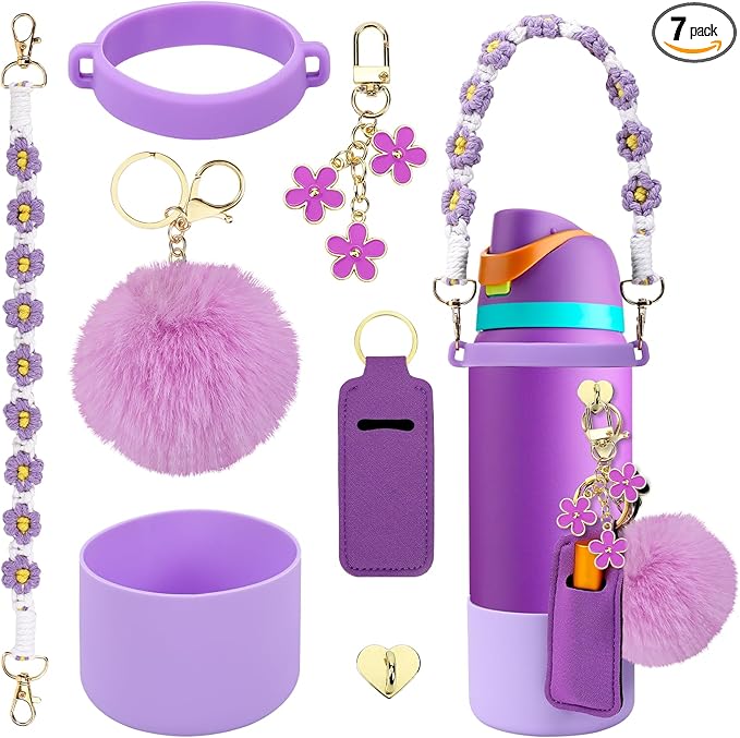 Compatible for Owala Accessories Bundle: Silicone Boot for 24oz & 32oz Bottles, Charms, Handle, Strap, Rubber Bottoms, and Decorative Add-ons for Your Compatible for Owala Water Bottle, Purple