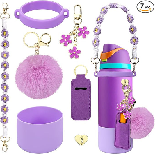 Compatible for Owala Accessories Bundle: Silicone Boot for 24oz & 32oz Bottles, Charms, Handle, Strap, Rubber Bottoms, and Decorative Add-ons for Your Compatible for Owala Water Bottle, Purple
