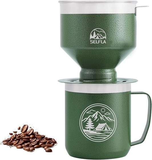 Stainless Steel Pour Over Coffee Maker Set, Outdoor Coffee Dripper, Reusable Coffee Filter&Insulated Camping Mug (16oz), for Hiking, Camping&Outdoor Adventures, Rinse-clean&Portable -Green