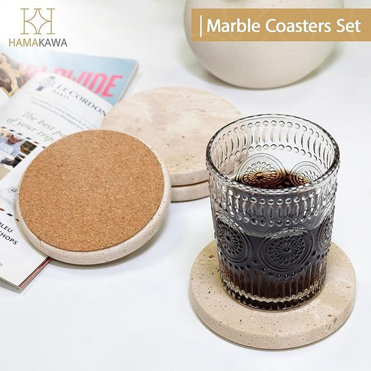 Real Natural Travertine Coasters Set of 4, Round Beige Marble Stone 4 inch, Modern Drink Coasters for Home Decor, Coffee Table, Office