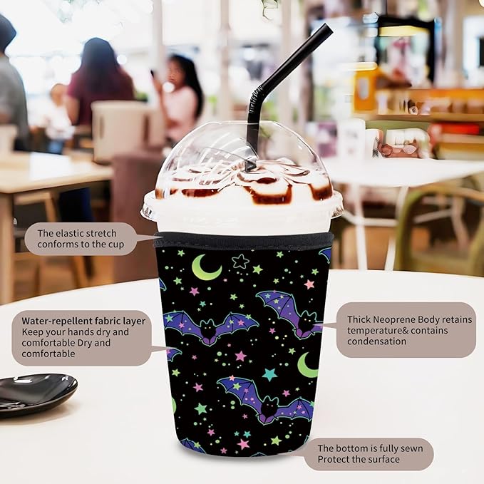 3 Pack Reusable Neoprene Insulator Sleeve for Iced Coffee Cups, Funny Coffee Cup Sleeves for 16-32oz Coffee cups, Cute Drink Sleeve for Cold Hot Beverages Cute Black Bats