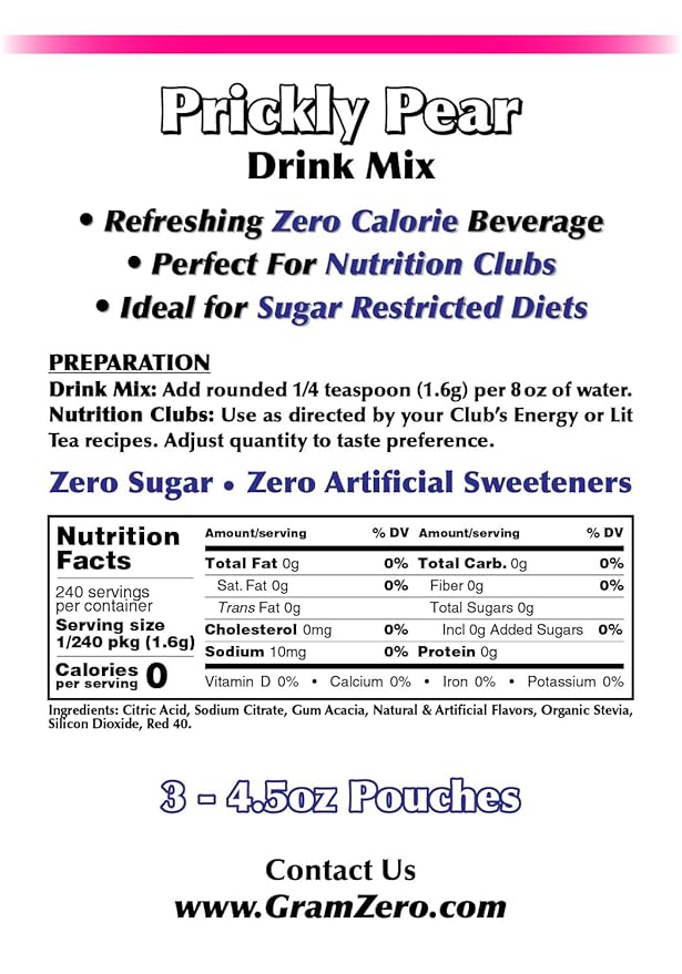 GramZero Prickly Pear Zero Calorie Sugar Free Drink Mix, Great For Nutrition Club Loaded Tea, Stevia Sweetened