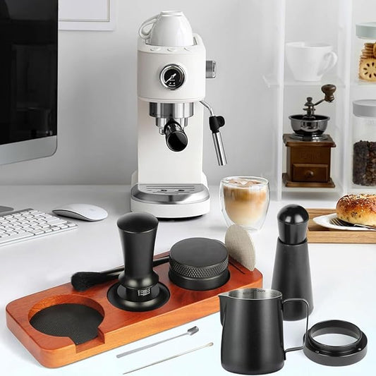 51mm Espresso Accessories 10 PCS - WDT Tool Kit， Coffee Tamper with Wood Espresso Tamping Station， Frothing Pitcher, Distributor, Stirrer, Dosing Funnel, Brush, Puck Screen， Latte Art Pen