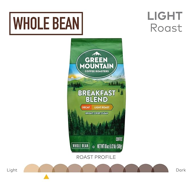 Green Mountain Coffee Roasters Breakfast Blend Decaf, Whole Bean Coffee, Bagged 18 oz