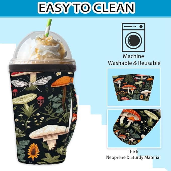 Reusable Iced Coffee Sleeve with Handle, Tropical Mushrooms Neoprene Cup Sleeve Butterfly Leaves Insulator Cup Holder for Cold Drinks Beverages 24oz - 28oz