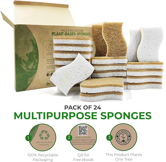 AIRNEX Biodegradable Natural Kitchen Sponge - Compostable Cellulose and Coconut Walnut Scrubber Sponge (24 Pack)