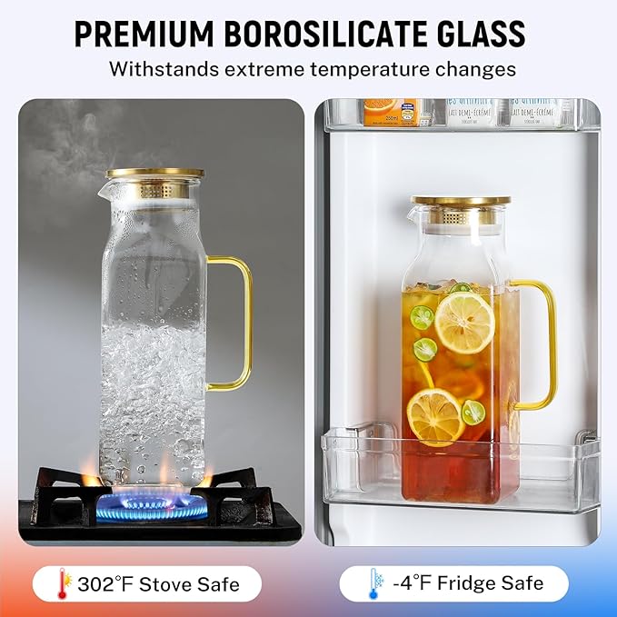 2 Quart (2 Liter 68 oz) Square Glass Pitcher with Lid and Spout, Water Pitchers with Handle for Fridge, Borosilicate Glass Carafe for Hot/Cold Drink, Large Jug for Iced Tea, Coffee, Beverage, Cold