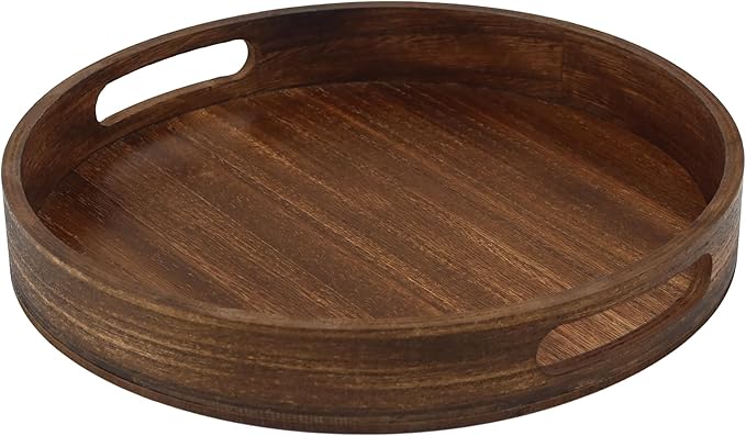 Round Decorative Tray,Wooden Serving Tray with Handles, 11.8in Vintage Brown Decorative Trays for Coffee Table,Kitchen Counter,bandejas decorativas