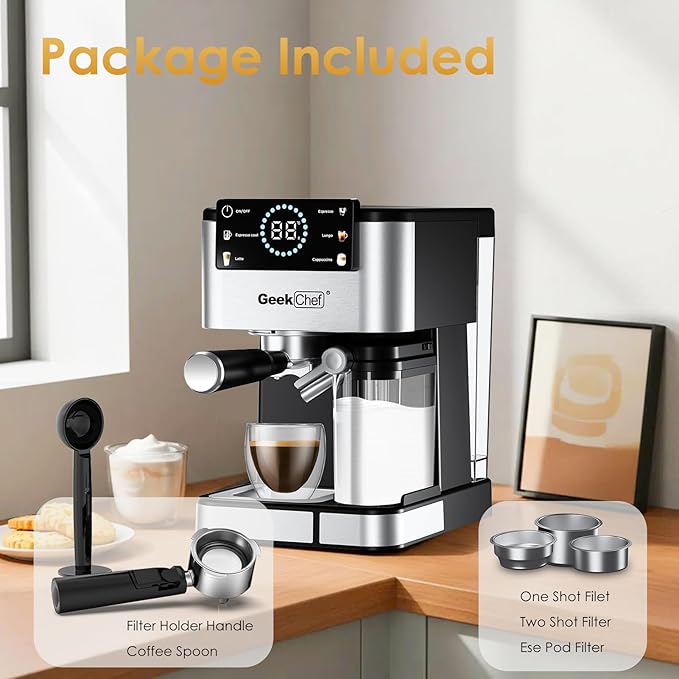 Geek Chef Espresso Machine with Automatic Milk Frother, 20 Bar Coffee & Espresso Maker, Cappuccino/Latte/Iced Coffee Machine, TouchScreen, ESE POD, Instant Heating for Home Barista