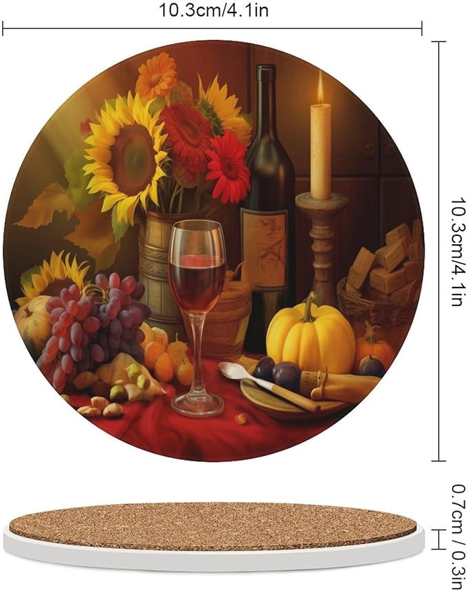 Round-6PCS Red Wine Drink Coasters, Round Modern Ceramic Absorbent Coasters, Retro Wood Red Wine Fruit Grapes Fruit Floral Sunflower Decor Desk Coffee Table Coaster for Beverage Cup Tea Coasters